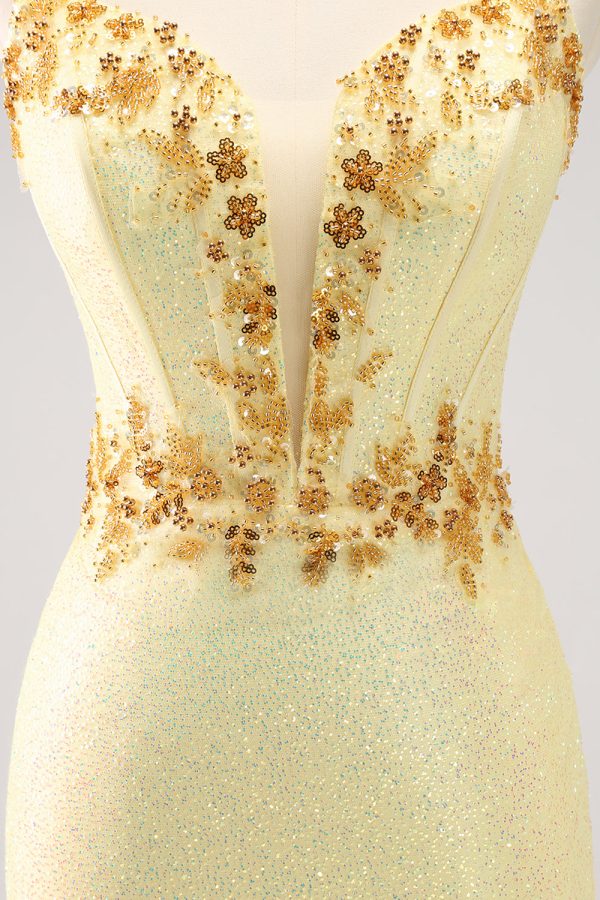 Sparkly Yellow Spaghetti Straps Corset Sequins Tight Mini Dress - Image 7