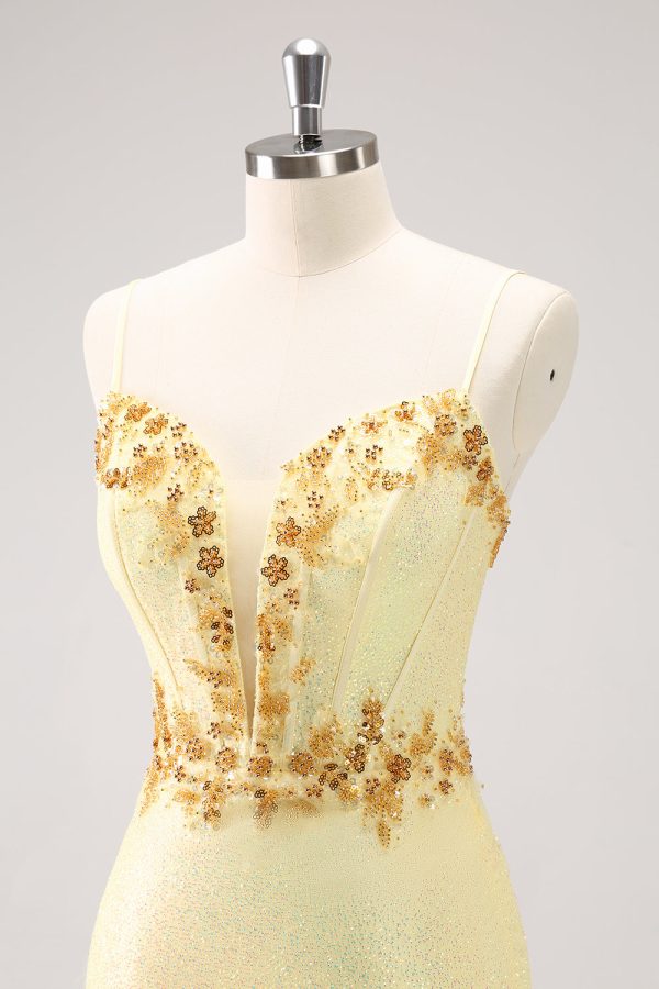 Sparkly Yellow Spaghetti Straps Corset Sequins Tight Mini Dress - Image 6