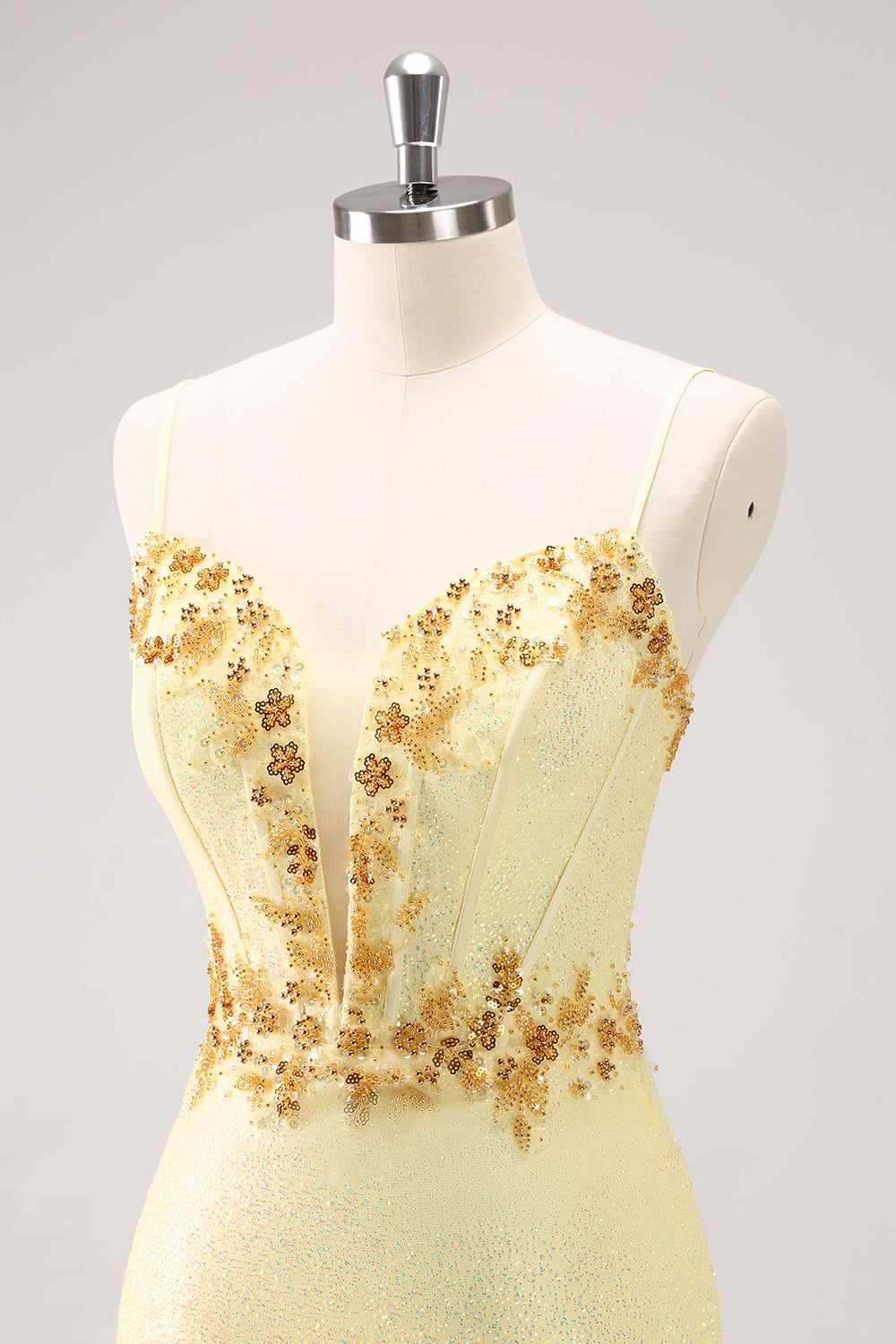 Sparkly Yellow Spaghetti Straps Corset Sequins Tight Mini Dress - Image 6