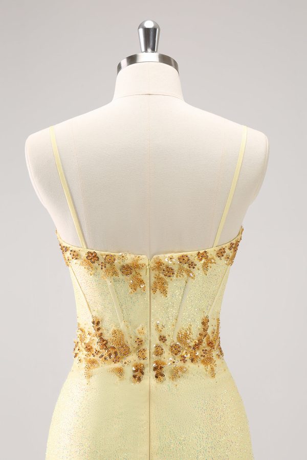 Sparkly Yellow Spaghetti Straps Corset Sequins Tight Mini Dress - Image 5