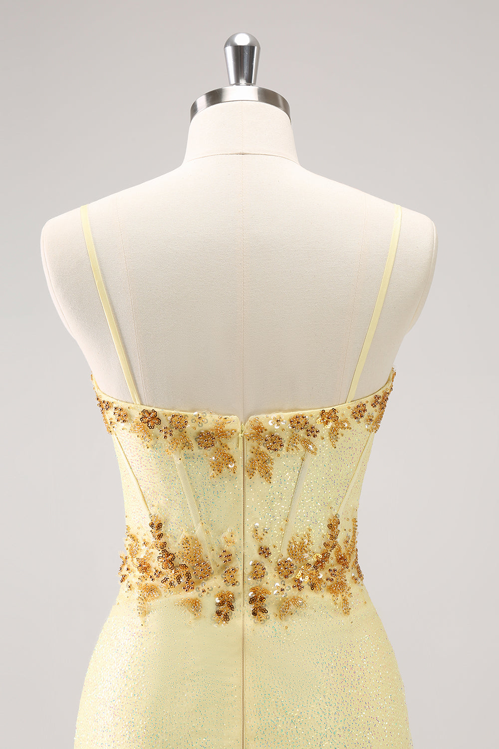 Sparkly Yellow Spaghetti Straps Corset Sequins Tight Mini Dress - Image 5