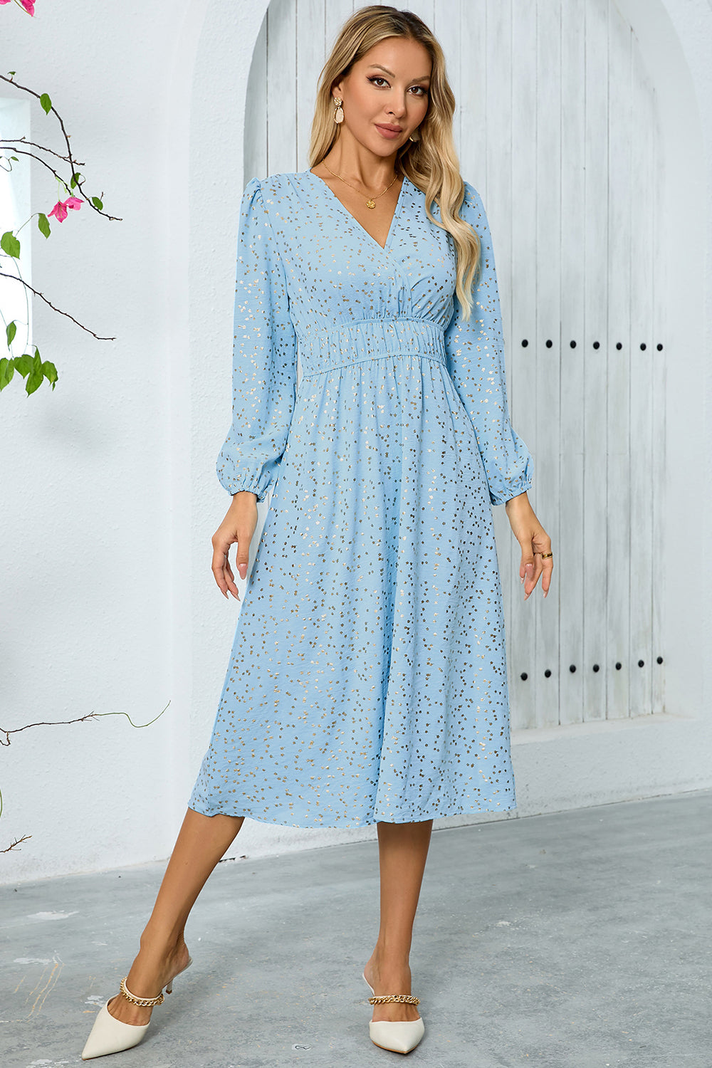 Sparkly Sky Blue A Line Sequins Long Sleeves V Neck Tea Length Wedding Guest Dress - Image 1