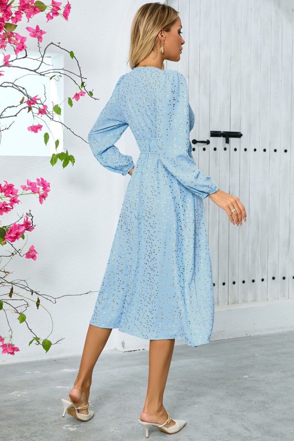 Sparkly Sky Blue A Line Sequins Long Sleeves V Neck Tea Length Wedding Guest Dress - Image 2