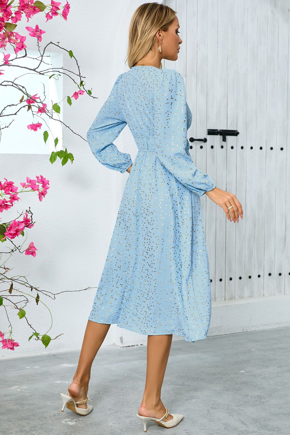 Sparkly Sky Blue A Line Sequins Long Sleeves V Neck Tea Length Wedding Guest Dress - Image 2