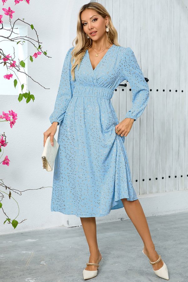 Sparkly Sky Blue A Line Sequins Long Sleeves V Neck Tea Length Wedding Guest Dress - Image 3