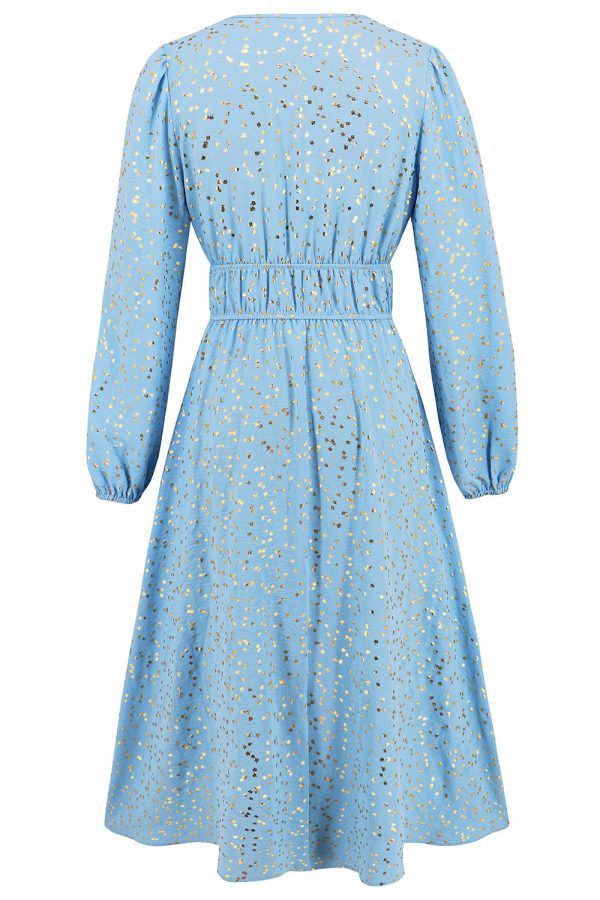 Sparkly Sky Blue A Line Sequins Long Sleeves V Neck Tea Length Wedding Guest Dress - Image 5
