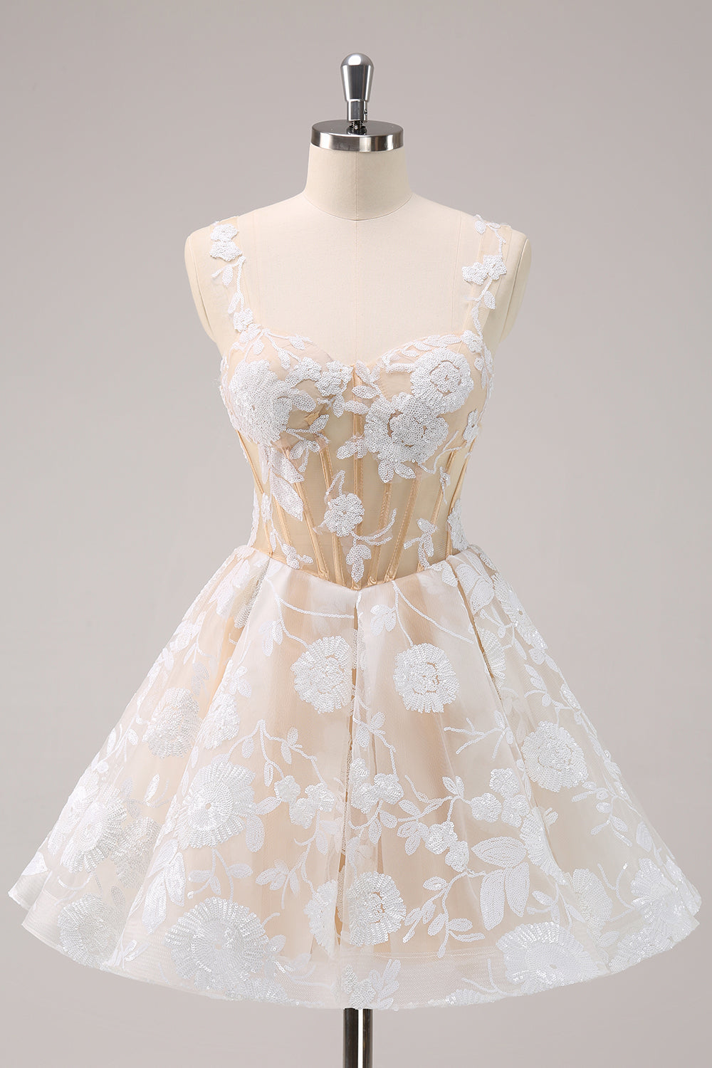 Sparkly White A-Line Floral Corset Mini Dress - Image 1