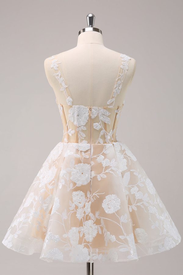 Sparkly White A-Line Floral Corset Mini Dress - Image 2