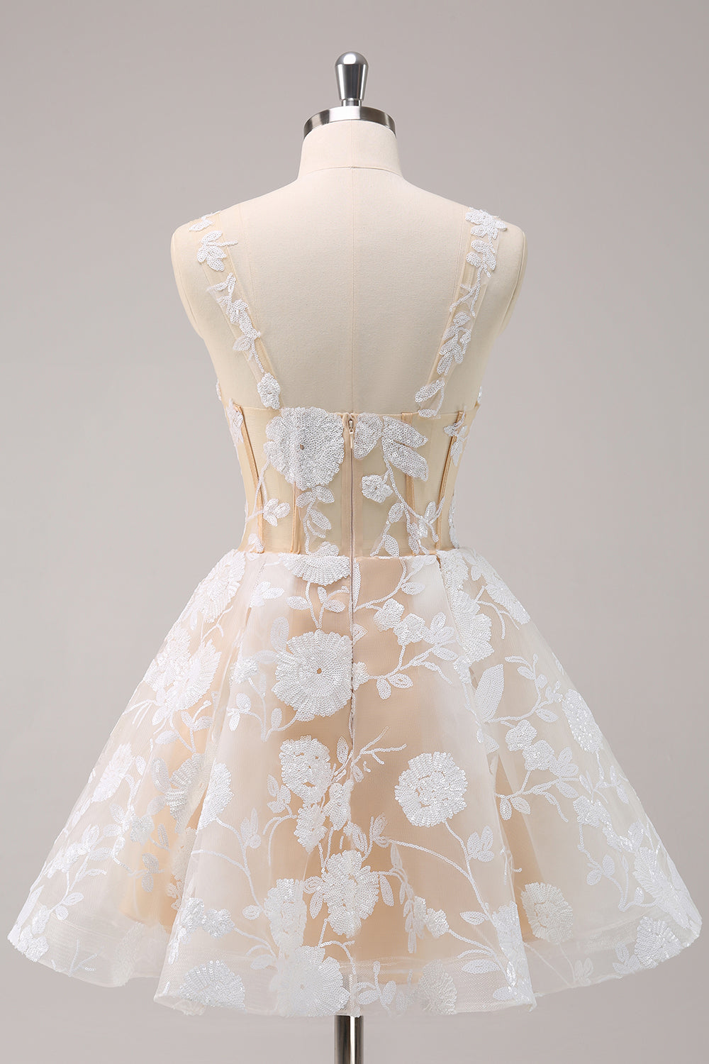 Sparkly White A-Line Floral Corset Mini Dress - Image 2
