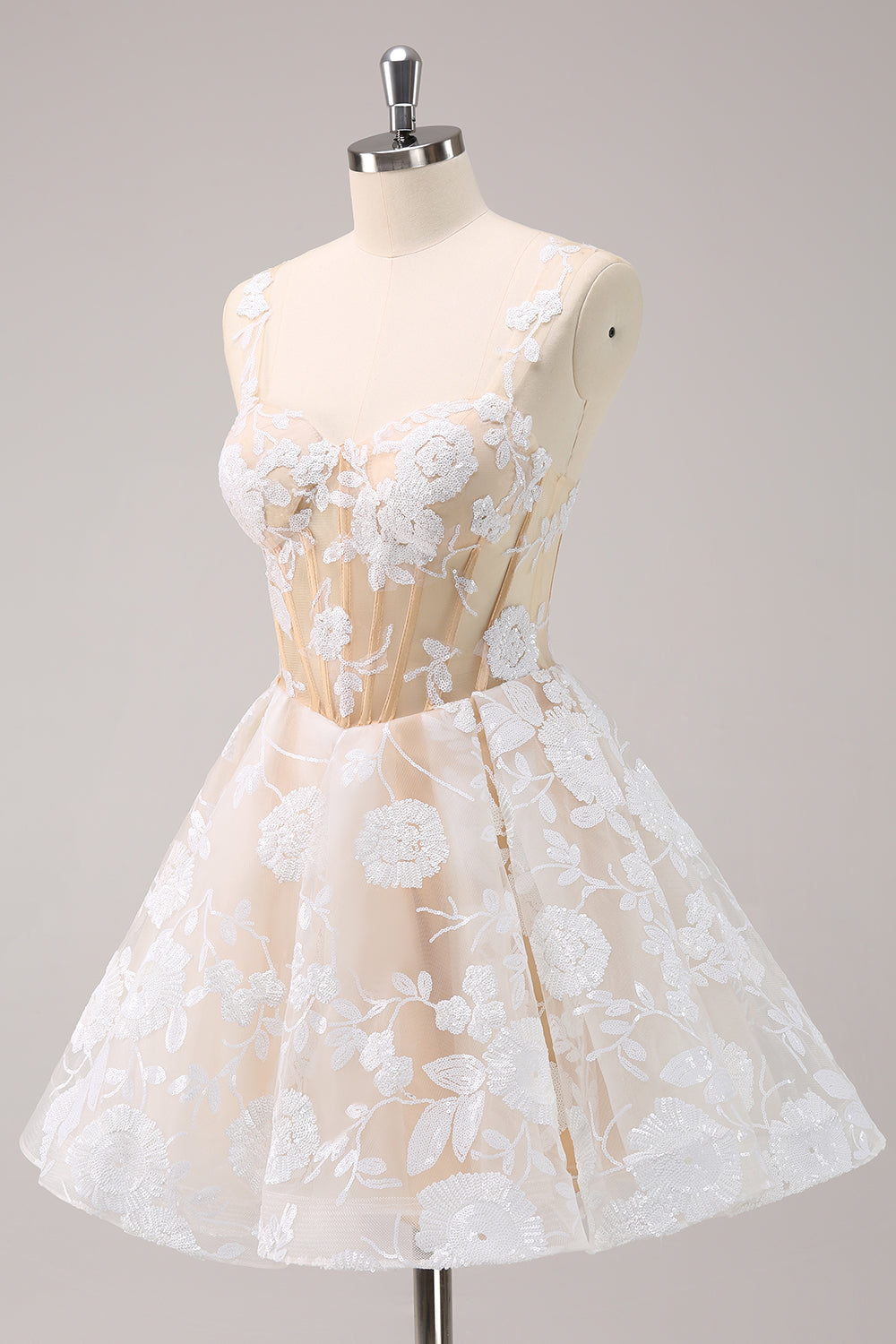 Sparkly White A-Line Floral Corset Mini Dress - Image 5