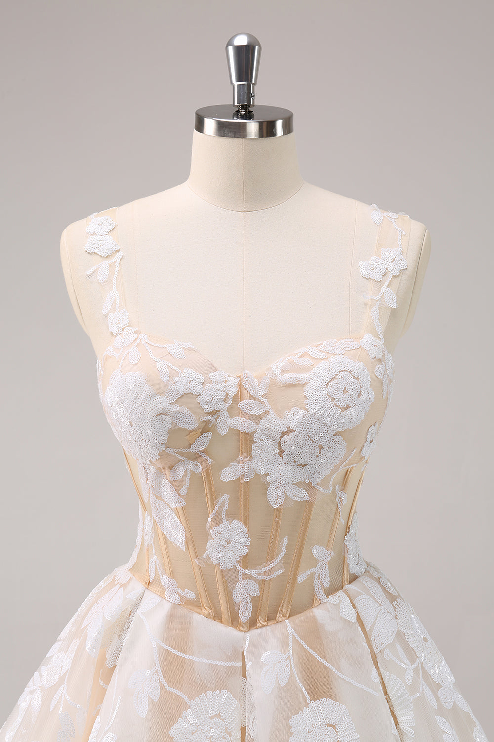 Sparkly White A-Line Floral Corset Mini Dress - Image 6
