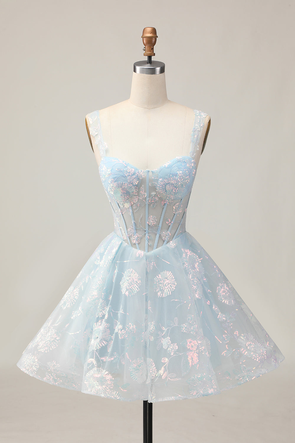 Sparkly White A-Line Floral Corset Mini Dress - Image 17