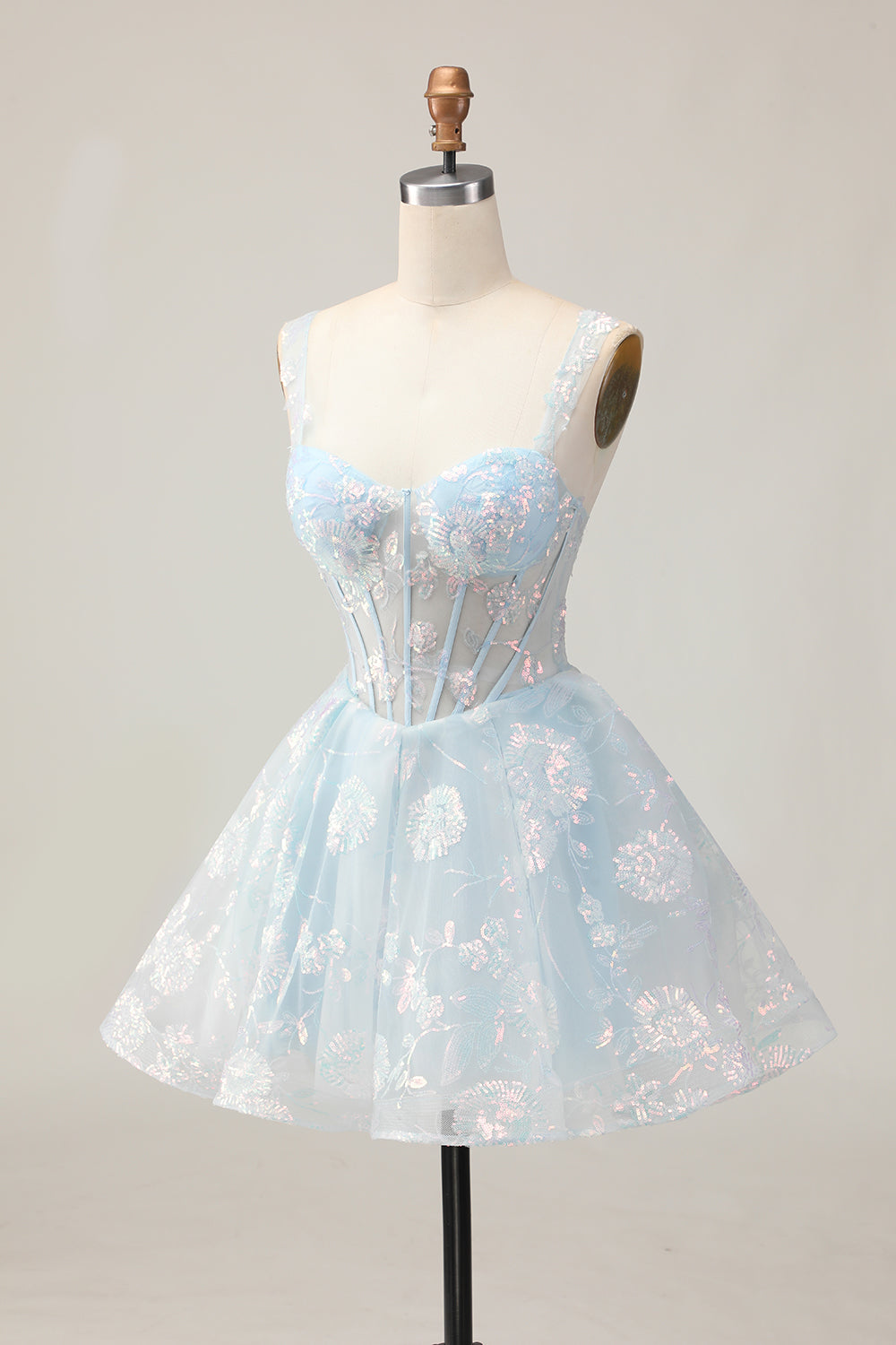 Sparkly White A-Line Floral Corset Mini Dress - Image 19