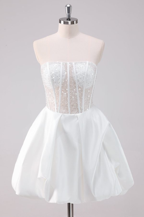Sparkly White A-Line Strapless Mini Dress