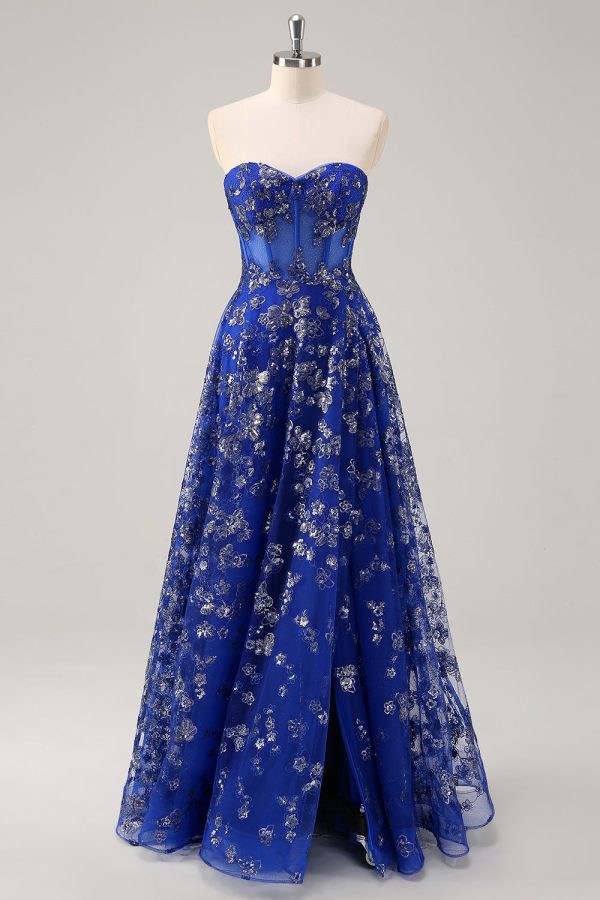 Sparkly Royal Blue Sweetheart Corset Prom Dress with Slit