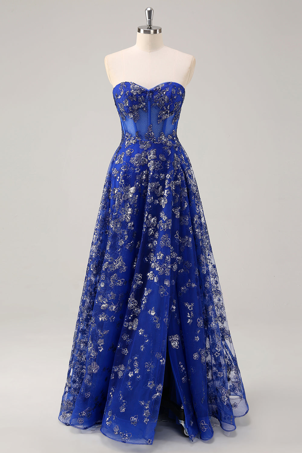 Sparkly Royal Blue Sweetheart Corset Prom Dress with Slit - Image 1