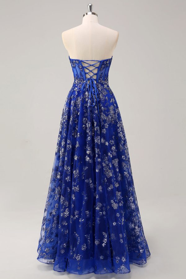 Sparkly Royal Blue Sweetheart Corset Prom Dress with Slit - Image 2