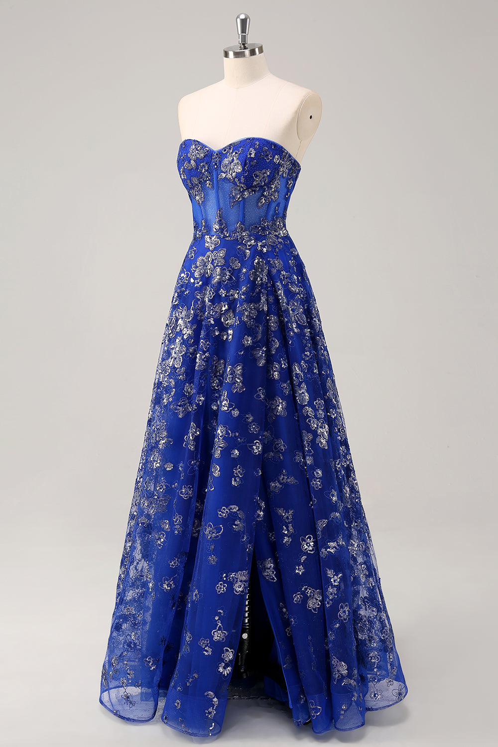 Sparkly Royal Blue Sweetheart Corset Prom Dress with Slit - Image 3