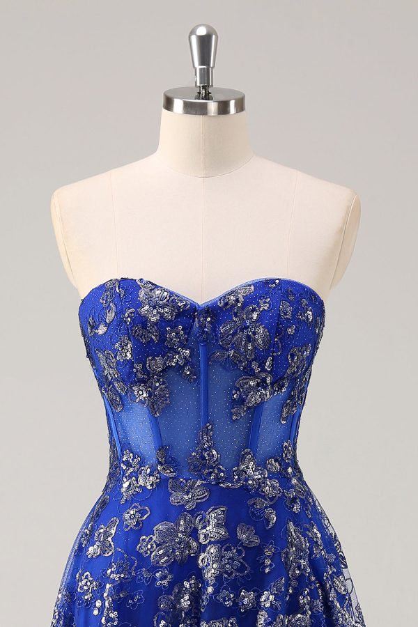 Sparkly Royal Blue Sweetheart Corset Prom Dress with Slit - Image 4