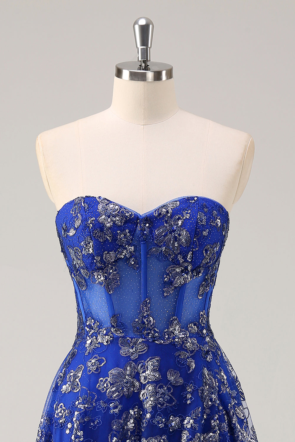 Sparkly Royal Blue Sweetheart Corset Prom Dress with Slit - Image 4