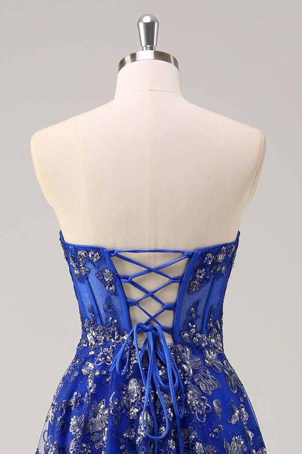 Sparkly Royal Blue Sweetheart Corset Prom Dress with Slit - Image 5