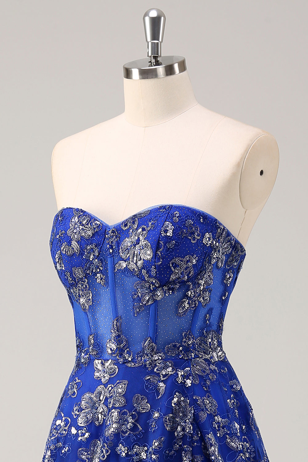 Sparkly Royal Blue Sweetheart Corset Prom Dress with Slit - Image 6