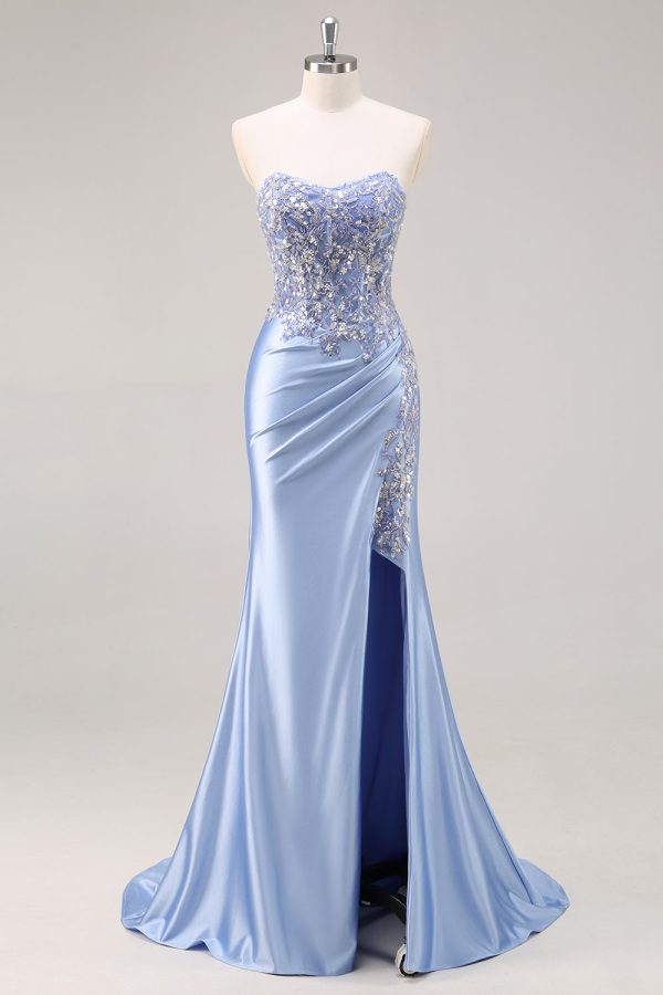 Sparkly Strapless Blue Corset Ruched Mermaid Prom Dress - Image 4