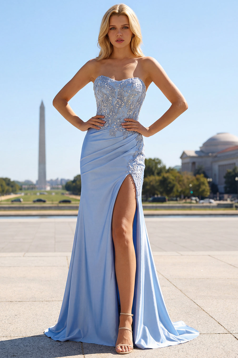Sparkly Strapless Blue Corset Ruched Mermaid Prom Dress - Image 1
