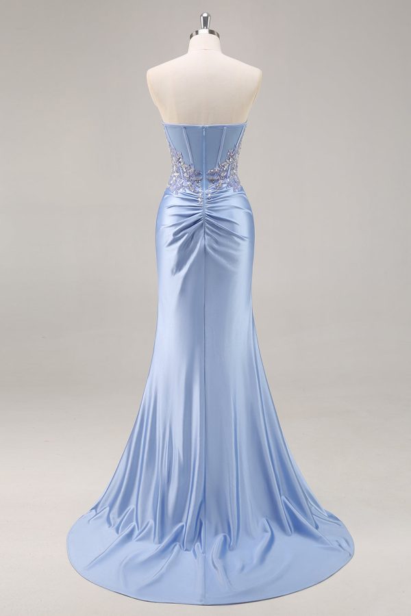 Sparkly Strapless Blue Corset Ruched Mermaid Prom Dress - Image 5