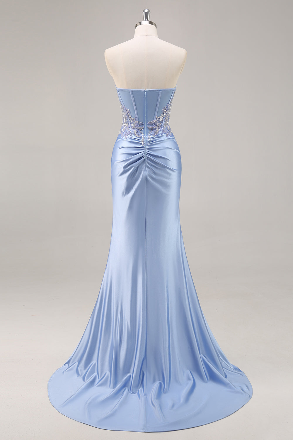 Sparkly Strapless Blue Corset Ruched Mermaid Prom Dress - Image 5