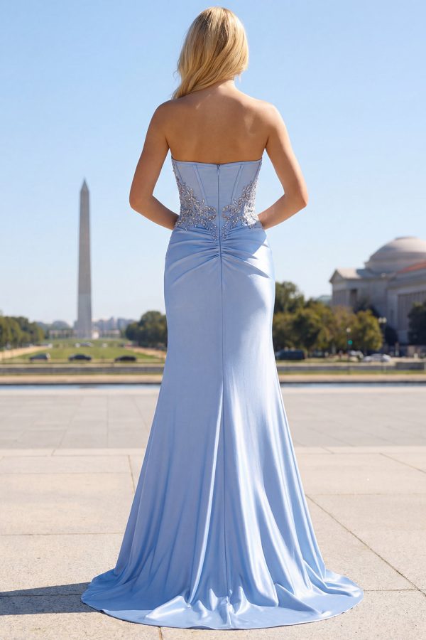 Sparkly Strapless Blue Corset Ruched Mermaid Prom Dress - Image 2
