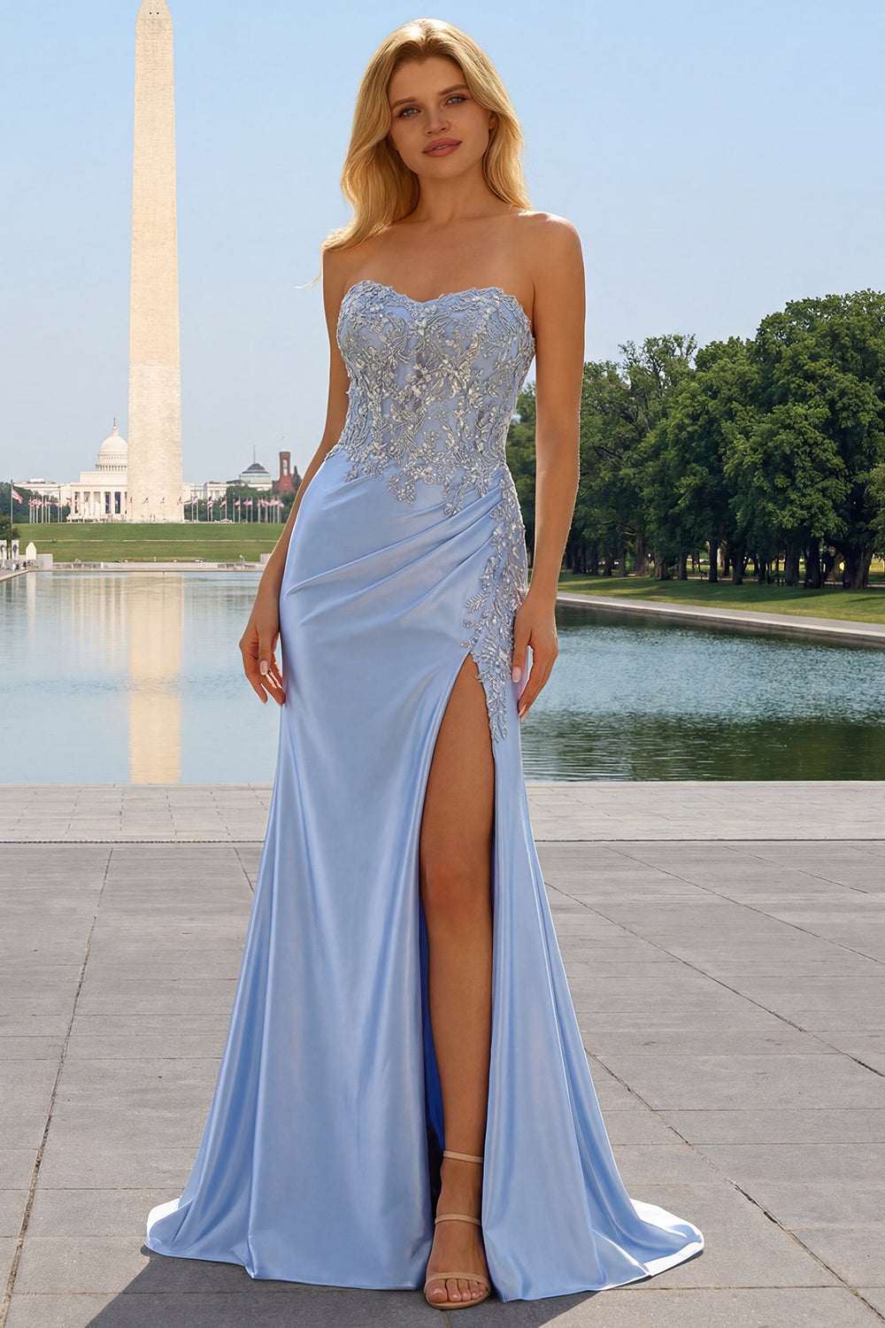 Sparkly Strapless Blue Corset Ruched Mermaid Prom Dress - Image 3