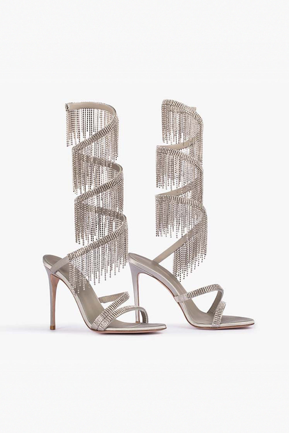 Sparkly Silver Beading Strappy Tassels Open Toe High Heels - Image 1