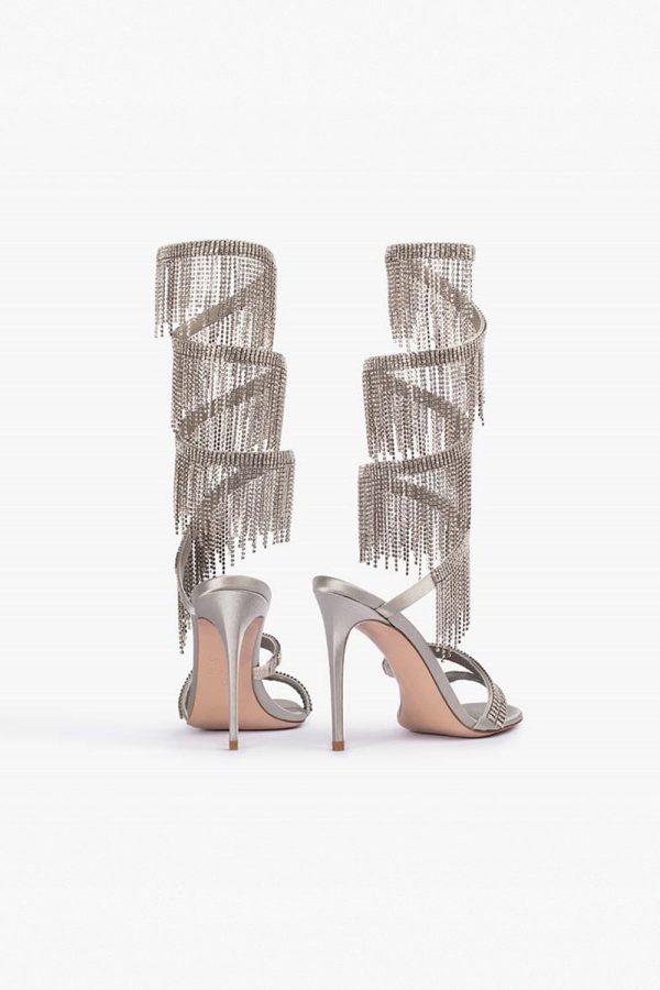 Sparkly Silver Beading Strappy Tassels Open Toe High Heels - Image 4