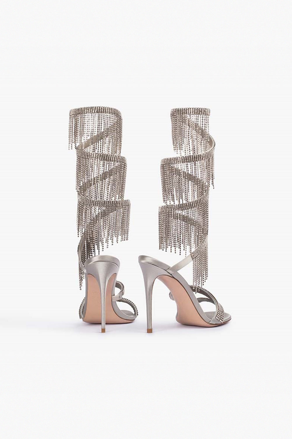 Sparkly Silver Beading Strappy Tassels Open Toe High Heels - Image 4
