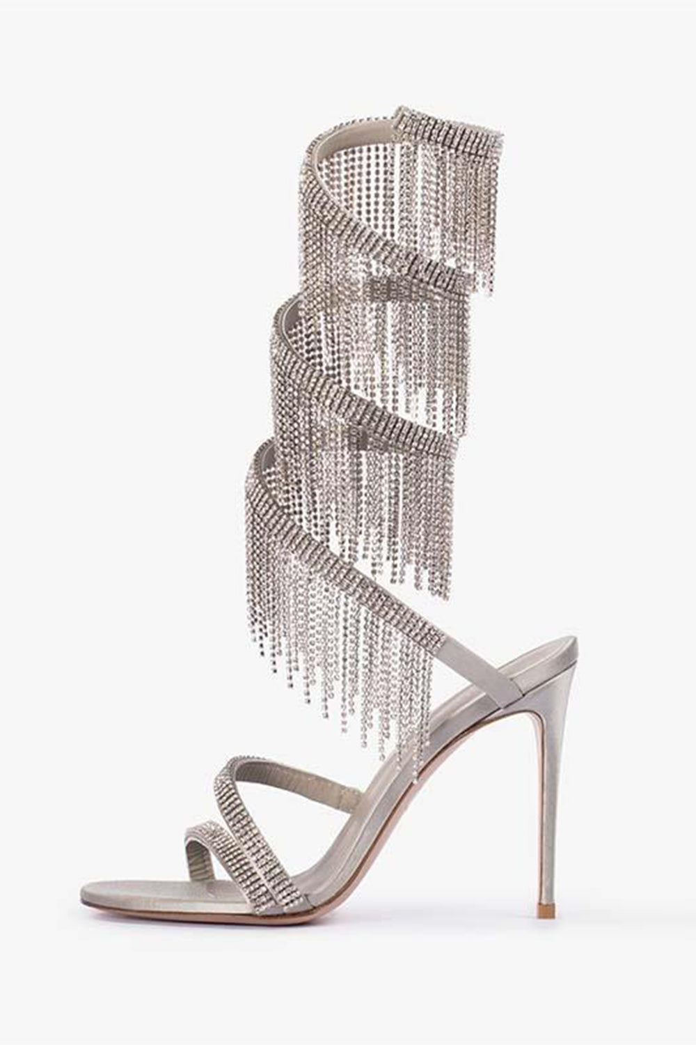 Sparkly Silver Beading Strappy Tassels Open Toe High Heels - Image 2
