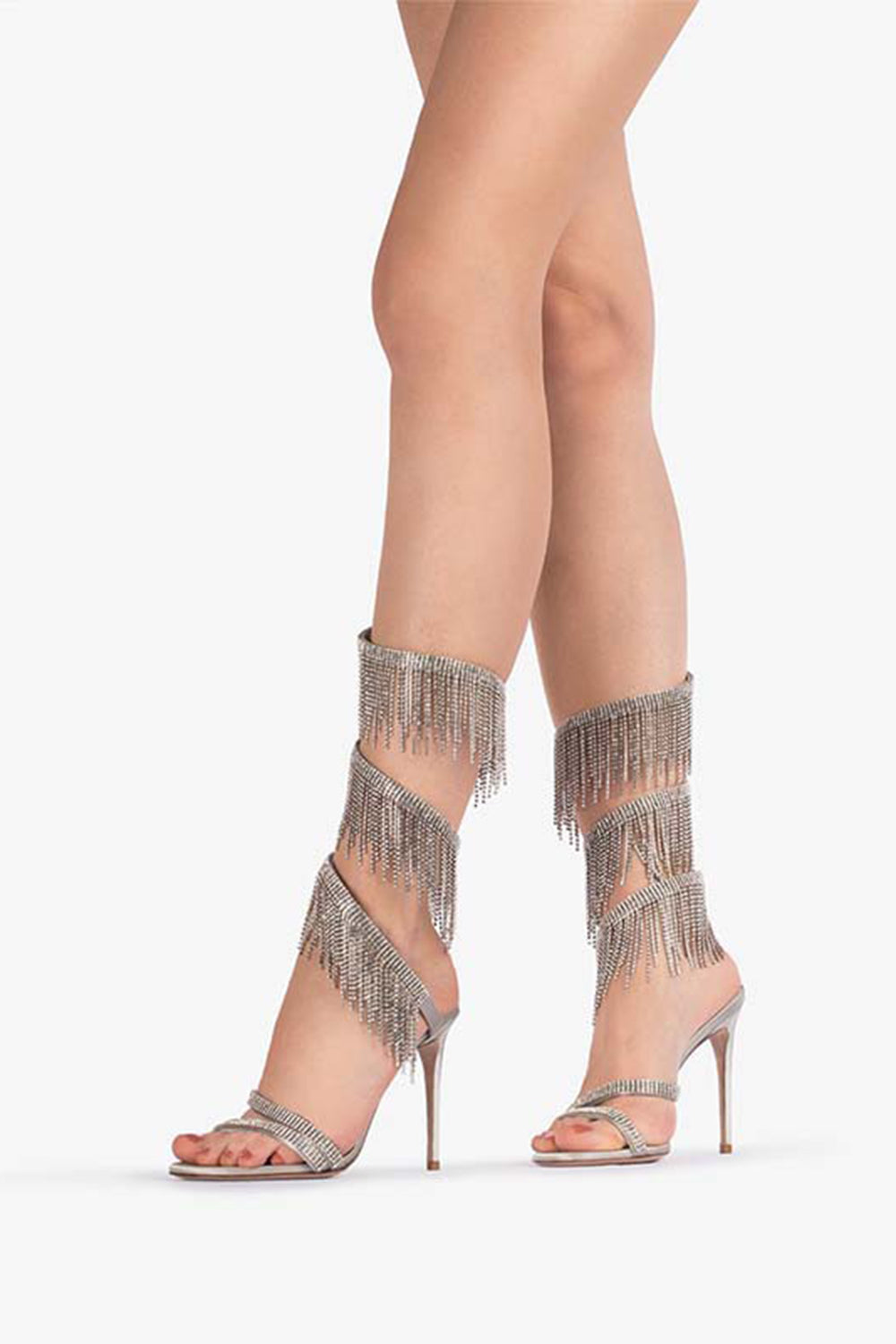 Sparkly Silver Beading Strappy Tassels Open Toe High Heels - Image 3
