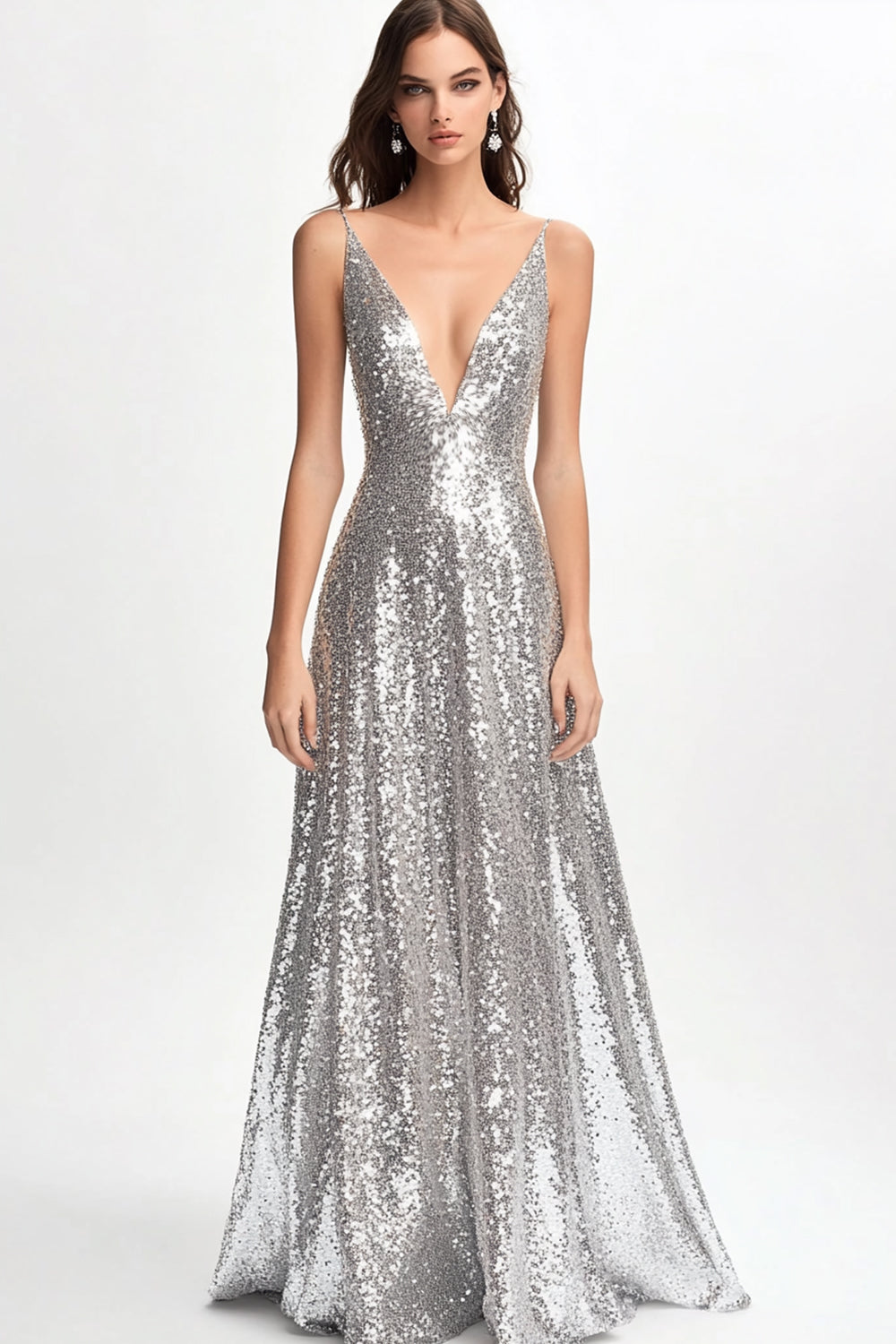 Sparkly V Neck A Line Silver Formal Dress - Image 1