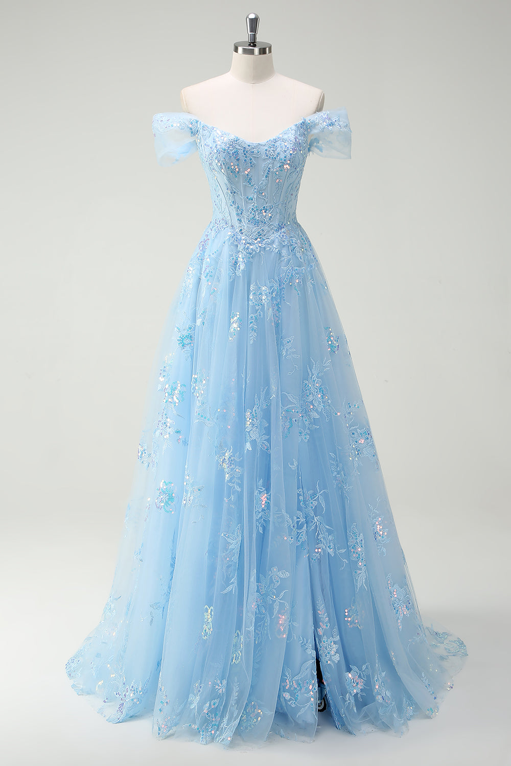 Sparkly Sky Blue Off The Shoulder A-Line Prom Dress with Slit - Image 1