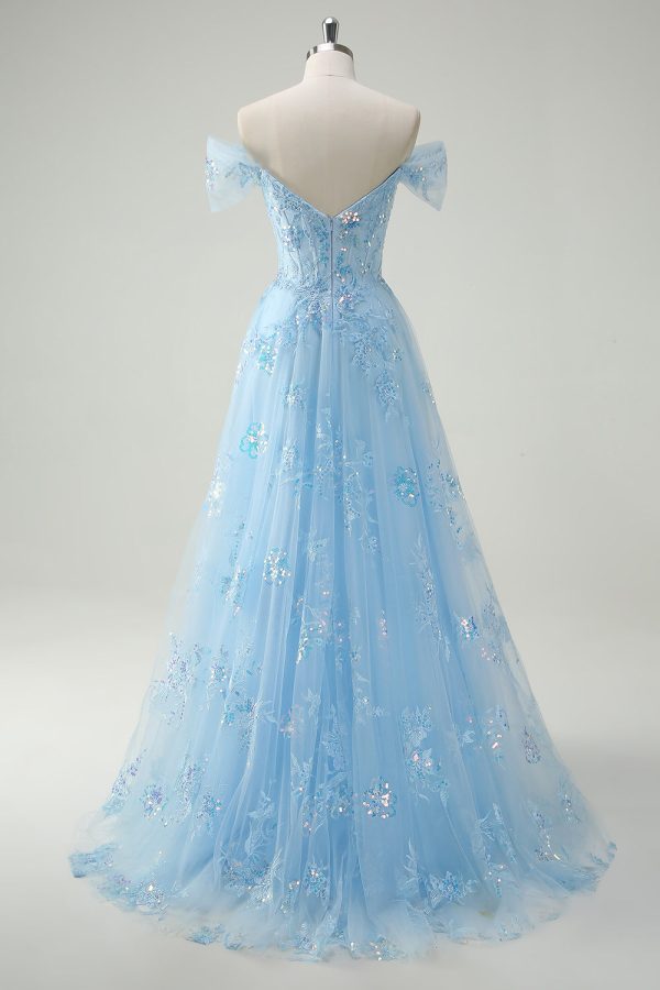 Sparkly Sky Blue Off The Shoulder A-Line Prom Dress with Slit - Image 2