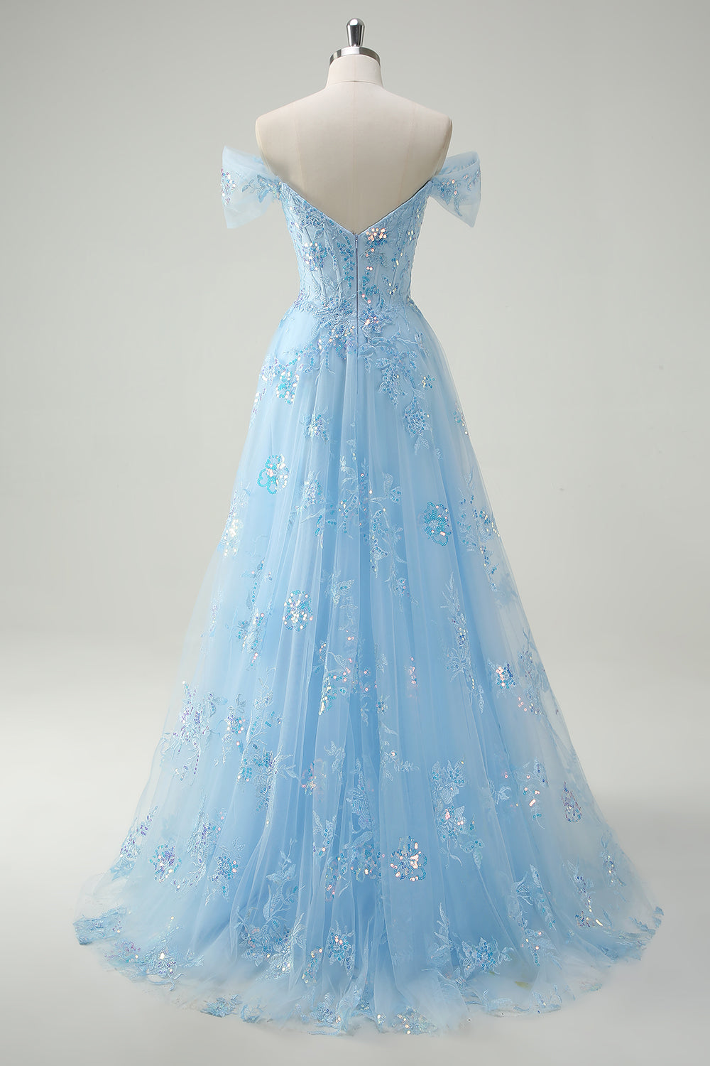 Sparkly Sky Blue Off The Shoulder A-Line Prom Dress with Slit - Image 2