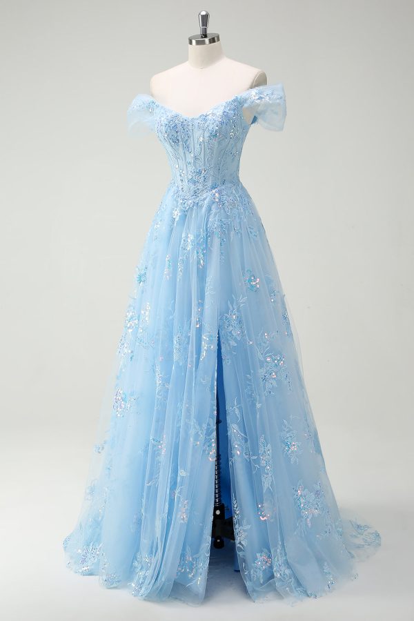 Sparkly Sky Blue Off The Shoulder A-Line Prom Dress with Slit - Image 3