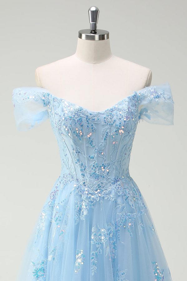 Sparkly Sky Blue Off The Shoulder A-Line Prom Dress with Slit - Image 4