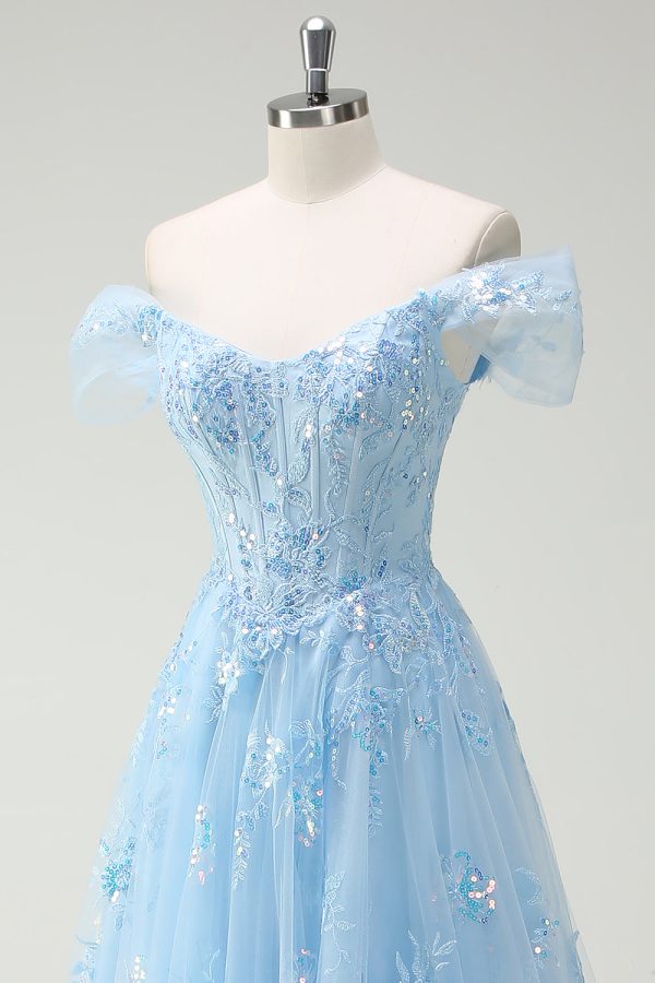 Sparkly Sky Blue Off The Shoulder A-Line Prom Dress with Slit - Image 6