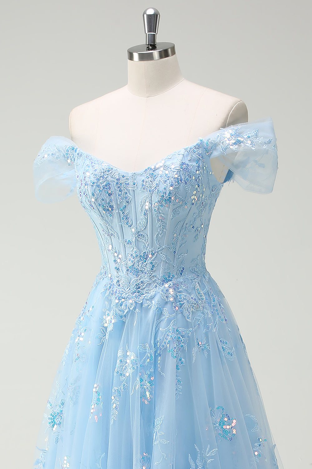 Sparkly Sky Blue Off The Shoulder A-Line Prom Dress with Slit - Image 6