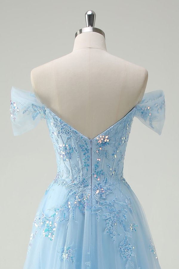 Sparkly Sky Blue Off The Shoulder A-Line Prom Dress with Slit - Image 5