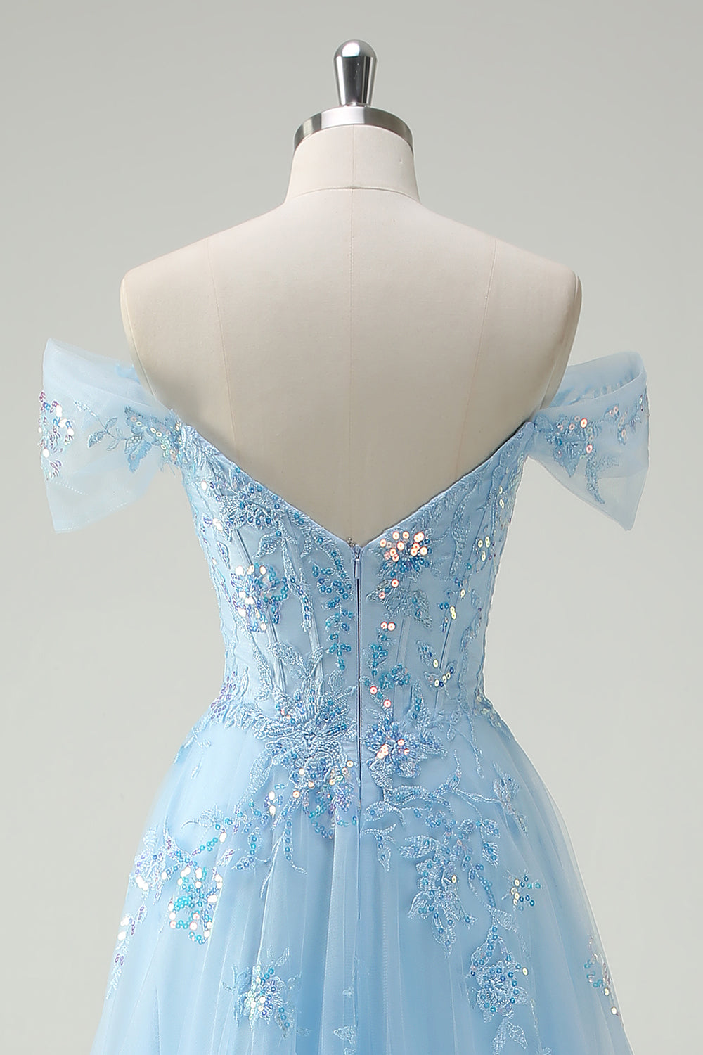 Sparkly Sky Blue Off The Shoulder A-Line Prom Dress with Slit - Image 5