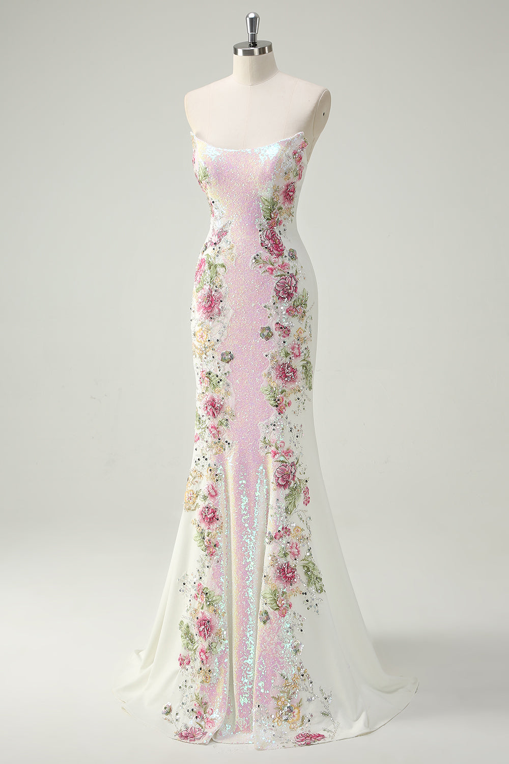 Sparkly White Floral Strapless Mermaid Long Prom Dress - Image 3