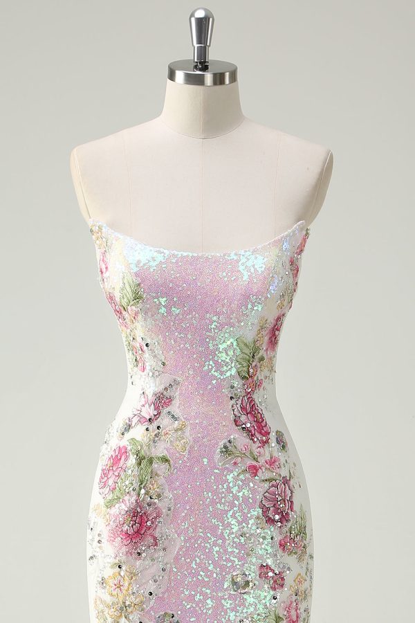 Sparkly White Floral Strapless Mermaid Long Prom Dress - Image 4