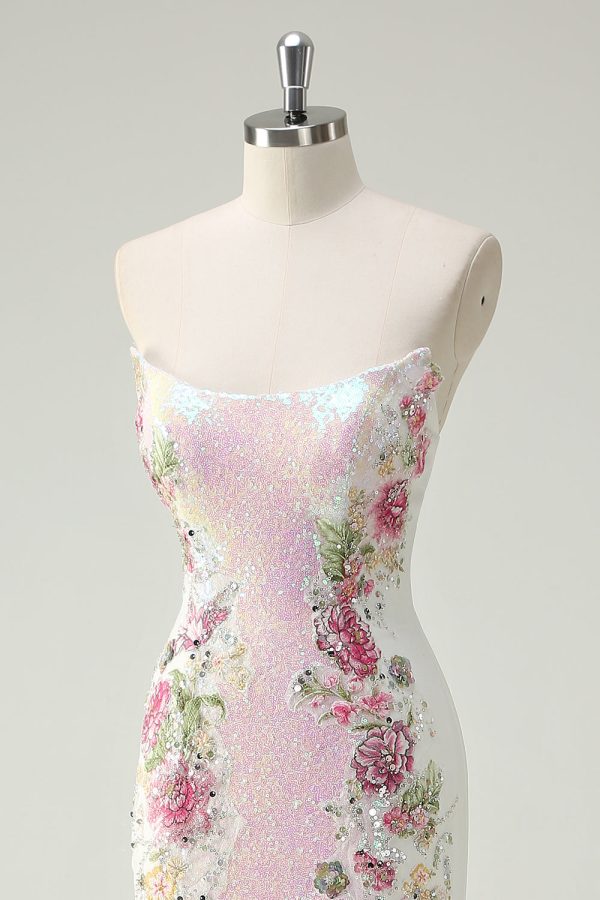 Sparkly White Floral Strapless Mermaid Long Prom Dress - Image 6